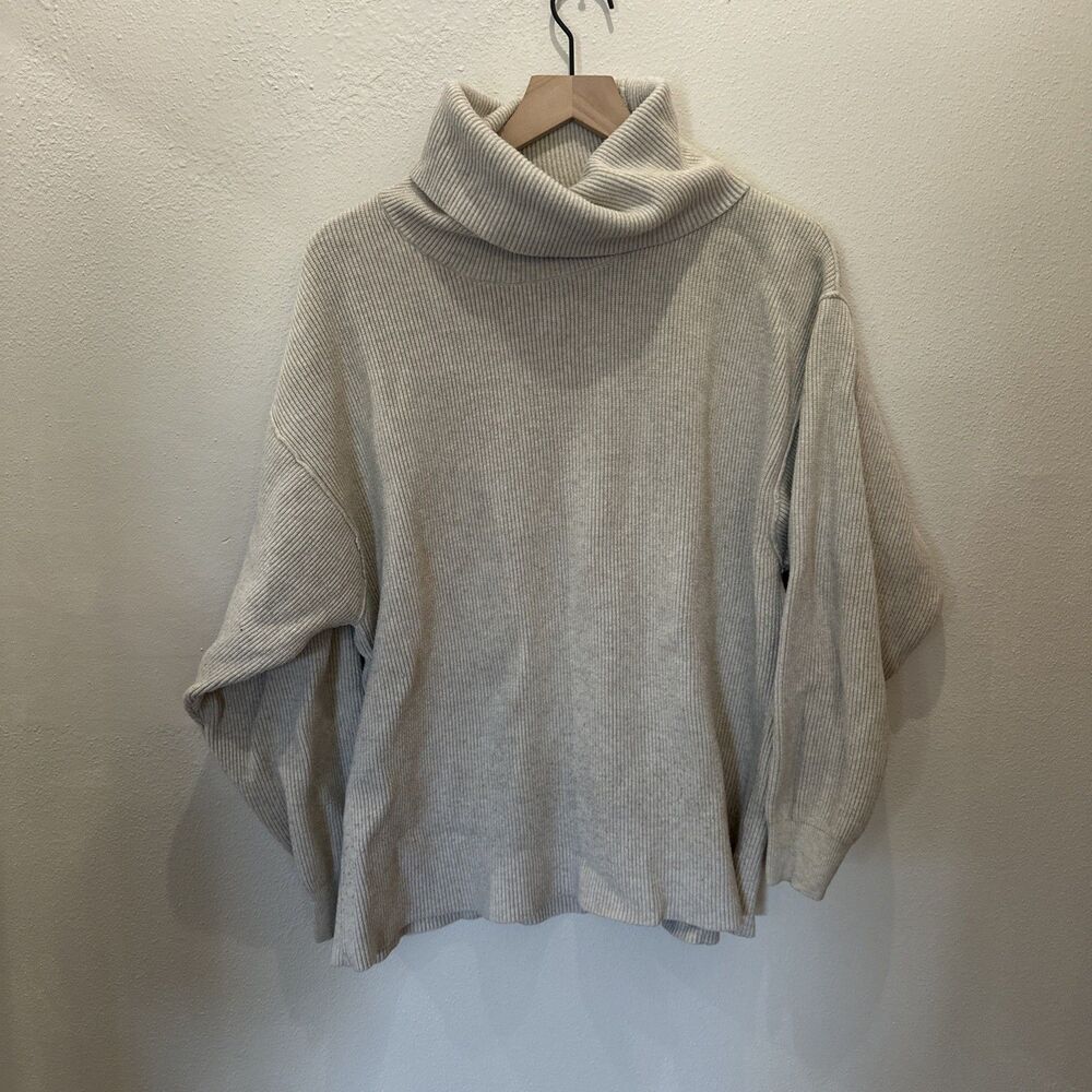 Free People Women’s Ribbed Oversized Cowl Neck Slouchy Beige Sweater Medium